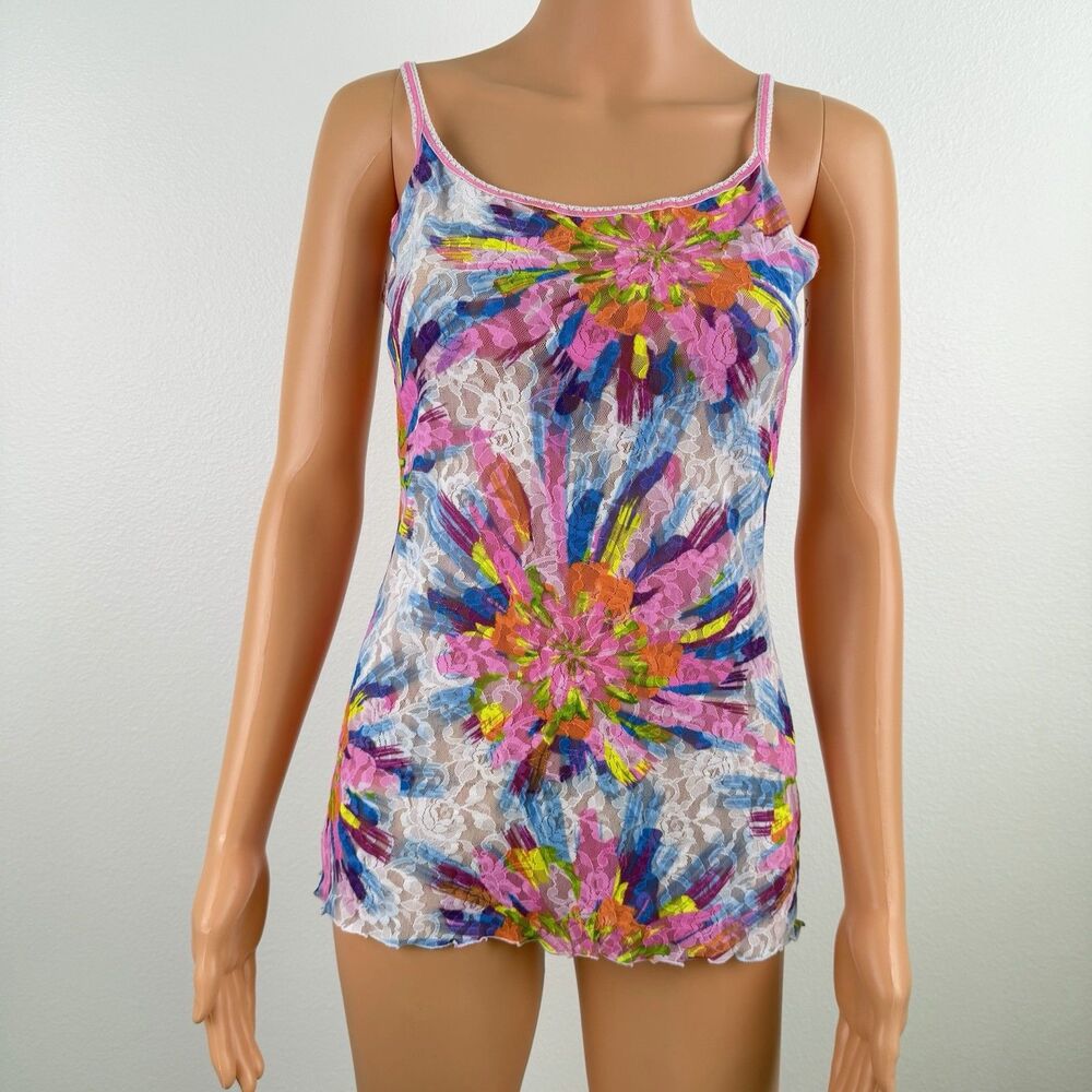 Y2K Hanky Panky Floral Lace Camisole Top Kaleidoscope Print Scalloped Hem M